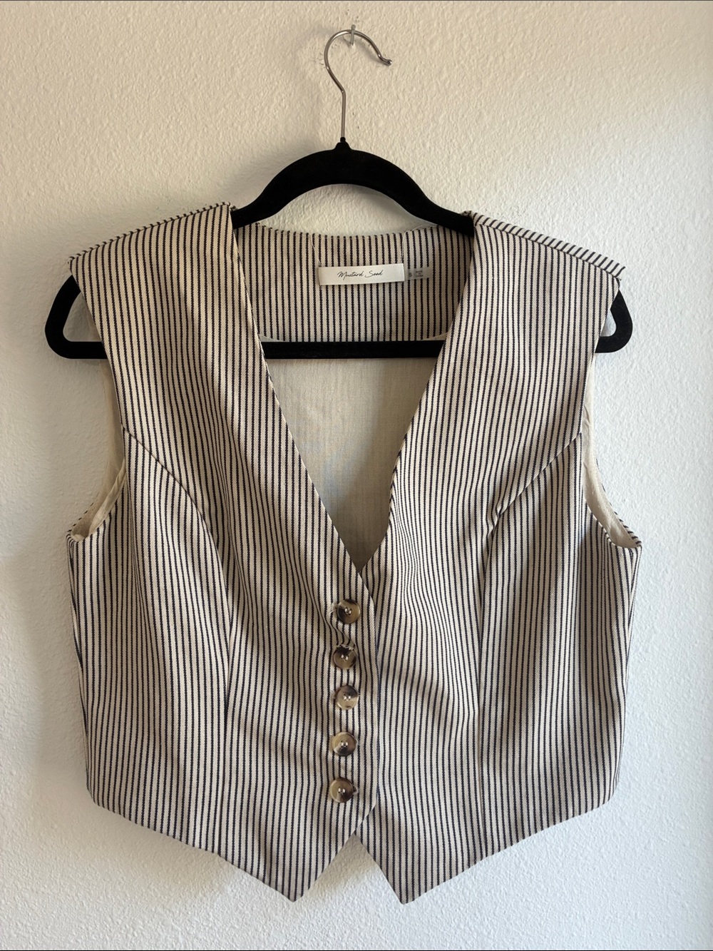 Mustard Seed Cream & Black Pinstripe V-Neck Button Bodysuit Vest